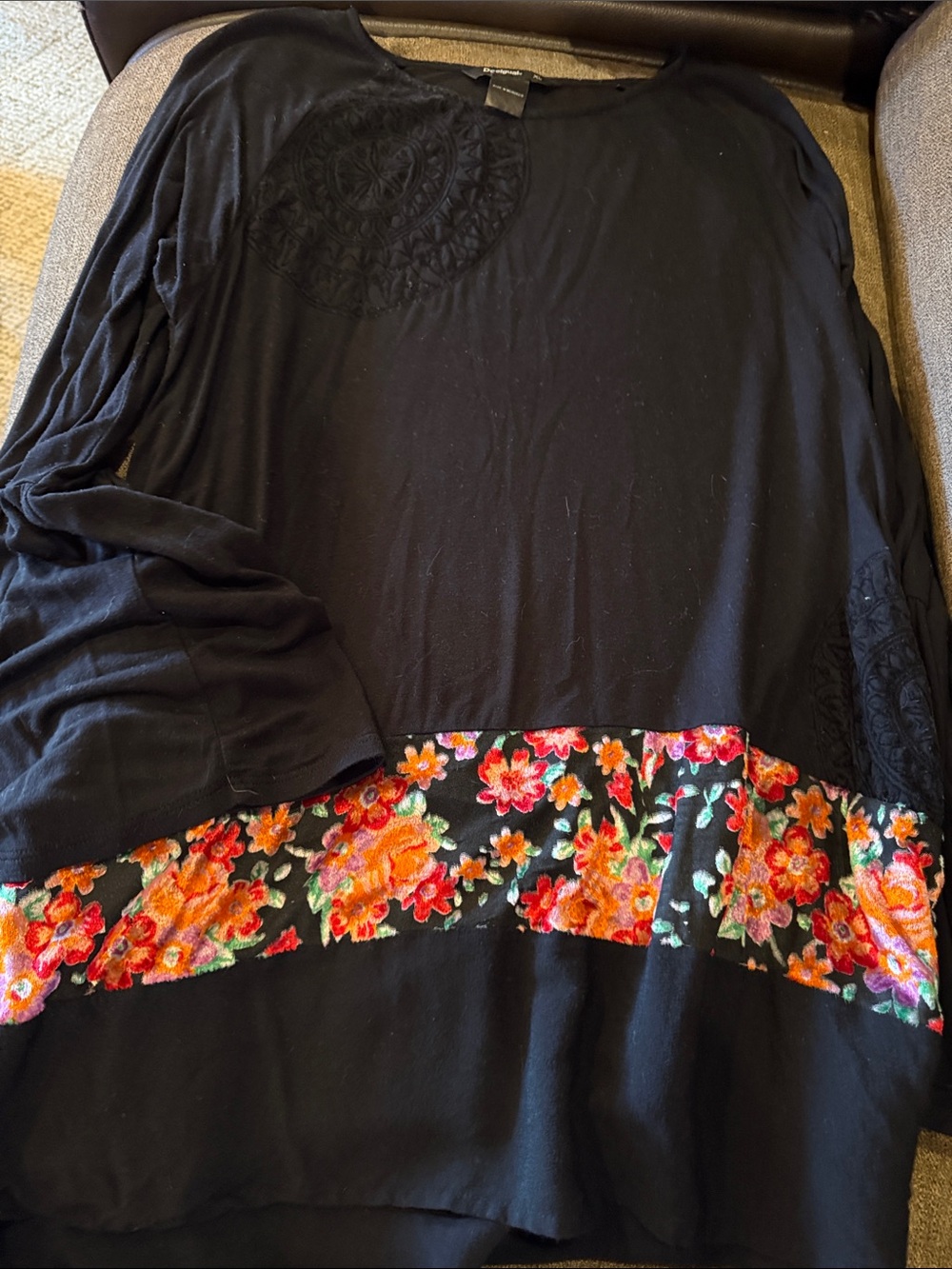 Desigual Black Long Sleeve Tee with Bright Floral Embroidery